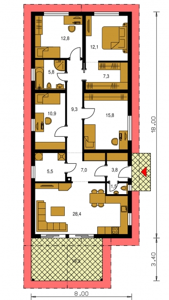 Spiegelverkehrter Entwurf | Grundriss des Erdgeschosses - BUNGALOW 213